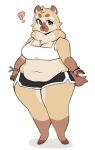  3_toes 4_fingers anthro belly big_belly big_breasts biped black_bottomwear black_clothing black_shorts bottomwear bracelet breasts brown_body brown_eyes brown_fur bush_dog canid canine chest_tuft claws cleavage clothed clothing digital_drawing_(artwork) digital_media_(artwork) feet female fingers full-length_portrait fur hair hi_res jewelry mammal midriff navel open_mouth overweight portrait punkin_(punkinbuu) punkinbuu shirt shorts simple_background snout solo standing tail tan_body tan_fur tank_top thick_thighs toe_claws toes topwear tuft white_clothing white_shirt white_tank_top white_topwear wide_hips 