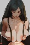 1boy 1girl areola_slip black_hair breasts breasts_squeezed_together collarbone covered_nipples final_fantasy final_fantasy_vii hetero highres lady_shin long_hair looking_at_viewer male_pubic_hair paizuri parted_lips pubic_hair red_eyes red_lips suspenders tifa_lockhart upper_body very_long_hair 