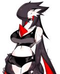  1girl bare_shoulders black_choker black_hair black_shorts black_tank_top black_thighhighs breasts choker collarbone colored_inner_hair colored_skin cowboy_shot gardevoir gothic grin hair_over_one_eye highres large_breasts micro_shorts midriff multicolored_hair navel piercing pokemon pokemon_(creature) red_eyes red_hair shorts simple_background smile solo standing tank_top thighhighs usa37107692 white_background white_skin 