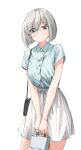  1girl alternate_costume bag blue_eyes blue_shirt collared_shirt commentary_request feet_out_of_frame glasses grey_hair hair_ornament hairclip hamakaze_(kancolle) highres kantai_collection pleated_skirt shirt shopping_bag short_hair simple_background skirt solo white_background white_skirt yamamori_oyatsu 