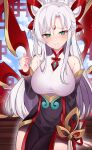  1girl absurdres blush breasts closed_mouth clothing_cutout cloud cloudy_sky day dress earrings frown green_eyes hair_rings highres irelia jewelry large_breasts league_of_legends long_hair long_sleeves looking_at_viewer pelicana shoulder_cutout sitting sky solo white_hair 