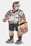  1boy ahegao_pattern artist_self-insert bag bara big_belly black_shorts black_socks fat fat_man floral_print full_body holding holding_phone ichikawa_kazuhide leo_garcia_(hiyaleo) long_sideburns looking_to_the_side male_focus mask mouth_mask notice_lines original parody phone raised_eyebrows shoes shopping_bag short_hair shorts sideburns sideburns_stubble sneakers socks solo sparse_leg_hair thick_eyebrows 