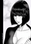  1girl black_hair breasts cleavage fubuki_(one-punch_man) greyscale highres large_breasts lips looking_at_viewer monochrome mostlybluewyatt one-punch_man parody parted_lips prison_school short_hair simple_background solo style_parody twitter_username undressing 