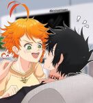  +_+ 1boy 1girl black_eyes black_hair black_shirt emma_(yakusoku_no_neverland) green_eyes nanacroosy neck_tattoo number_tattoo open_mouth orange_hair orange_shirt ray_(yakusoku_no_neverland) shirt source_request tattoo teeth tongue yakusoku_no_neverland 