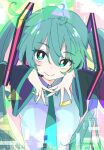  1girl black_sleeves blush bright_pupils closed_mouth commentary_request detached_sleeves green_eyes green_hair green_necktie hatsune_miku headset ixy long_hair looking_at_viewer necktie smile solo twintails vocaloid white_pupils 