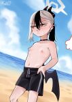  1girl averting_eyes beach black_choker black_hair black_horns black_shorts black_wings blue_archive blue_sky bright_pupils choker closed_mouth day earclip grey_hair guman_project hair_between_eyes halo hand_on_own_hip highres horns kayoko_(blue_archive) multicolored_hair navel nipples red_eyes shorts single_wing sky solo standing sweat topless two-tone_hair white_pupils wings 