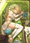  1girl blonde_hair book breasts couch detached_sleeves elf fingerless_gloves gloves green_eyes highres hourglass kinos_(kw00789) long_hair lying on_couch original pointy_ears soles star_(symbol) stirrup_legwear test_tube thighhighs toeless_legwear white_thighhighs 