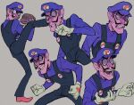  1boy ame999garnet anger_vein annoyed baseball_mitt big_nose brown_hair clenched_teeth collage facial_hair gloves hat male_focus mario_(series) mustache open_mouth overalls purple_shirt sharp_teeth shirt short_hair simple_background smile sweatdrop teeth upper_body waluigi white_gloves 