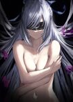  1girl bakemonsou black_background black_blindfold blindfold breasts closed_mouth collarbone covering covering_breasts grey_hair highres honkai:_star_rail honkai_(series) jingliu_(honkai:_star_rail) long_hair medium_breasts navel nude solo stomach upper_body very_long_hair 