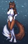  anthro breasts canid canine claws digital_media_(artwork) fangs farcuf female fluffy fluffy_tail fox fur genitals hair hi_res looking_at_viewer mammal nipples nude pussy simple_background smile solo standing tail teeth white_body white_fur 