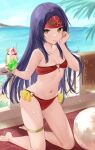  1girl bare_shoulders bikini breasts collarbone commission cup fire_emblem fire_emblem:_radiant_dawn food_on_hand haru_(nakajou-28) headband heart_o-ring heart_ring_top highres holding holding_cup holding_spoon kneeling long_hair looking_at_viewer navel ocean parfait pixiv_commission purple_hair red_bikini red_headband sanaki_kirsch_altina small_breasts solo spoon swimsuit tongue tongue_out yellow_eyes 
