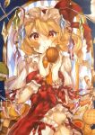  1girl ascot blonde_hair breasts checkerboard_cookie chewing closed_mouth collared_shirt cookie crystal eating feet_out_of_frame flandre_scarlet food frilled_shirt_collar frilled_sleeves frills hair_between_eyes hat hat_ribbon holding holding_food kneehighs laspberry. looking_at_viewer marker_(medium) medium_hair mob_cap multicolored_wings one_side_up puffy_short_sleeves puffy_sleeves red_eyes red_ribbon red_skirt red_vest ribbon ribbon-trimmed_socks shirt short_sleeves skirt sleeve_ribbon small_breasts socks solo touhou traditional_media vest wafer_stick white_headwear white_shirt white_socks wings wrist_cuffs yellow_ascot 
