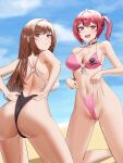  2girls absurdres anoreikatomoe ass beach bikini black_towel breasts fang goddess_of_victory:_nikke highres huge_ass mast_(nikke) morgan_(nikke) multiple_girls panties panty_pull pink_bikini rapi_(classic_vacation)_(nikke) rapi_(nikke) skin_fang skull_choker swim_goggles swimsuit two-tone_swimsuit underwear wide_hips 