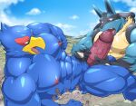  absurd_res anthro avian bird blue_body canid canine city destruction duo erection falco_lombardi fellatio generation_4_pokemon genitals hi_res licking lucario lying macro maldu male male/male mammal muscular muscular_male nintendo nipple_fetish nipple_play oral penile penis penis_lick pokemon pokemon_(species) sex smoke spine star_fox tongue tongue_out 