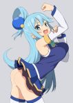  1girl :d aqua_(konosuba) arched_back arm_up ass bare_shoulders bow bowtie breasts clenched_hand detached_sleeves from_side green_bow green_bowtie green_eyes green_hair grey_background hair_between_eyes hair_ornament hair_rings kono_subarashii_sekai_ni_shukufuku_wo! large_breasts long_hair looking_at_viewer no_panties open_mouth salpin simple_background single_hair_ring skindentation smile solo thighhighs white_thighhighs 