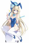  animal_ears aqua_eyes bare_shoulders blonde_hair blue_archive blue_bow blue_footwear blue_leotard bow breasts commentary detached_collar fake_animal_ears full_body headset high_heels highres leotard long_hair looking_at_viewer playboy_bunny rabbit_ears sitting small_breasts solo suzuhira_hiro thighhighs toki_(blue_archive) toki_(bunny)_(blue_archive) twitter_username v wrist_cuffs 