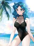  1girl aqua_eyes aqua_hair beach bishoujo_senshi_sailor_moon breasts cleavage collarbone day highres kaiou_michiru koharumichi long_hair medium_breasts one-piece_swimsuit outdoors palm_leaf palm_tree parted_bangs smile solo swimsuit thighs tree wavy_hair 