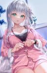  1girl aqua_eyes black_bra bokura_no_haru_ha_inazuma_no_youni bra breasts collarbone commentary_request fingernails fujima_takuya grey_hair hair_bun highres long_hair long_sleeves looking_at_viewer novel_illustration official_art open_mouth pajamas pink_nails pink_pajamas shirakawa_hakua small_breasts solo thighs twitter_username underwear very_long_hair watch white_hair 