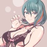  1girl aqua_eyes aqua_hair black_choker breasts choker claw_pose cleavage closed_mouth collarbone commentary_request dead_or_alive dead_or_alive_xtreme dead_or_alive_xtreme_venus_vacation fingernails hair_between_eyes hand_up konishiki_(52siki) lace lace-trimmed_swimsuit lace_trim medium_breasts medium_hair mole mole_under_eye multicolored_hair nail_polish simple_background smile solo streaked_hair swimsuit tamaki_(doa) upper_body 