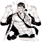  1boy abs black_hair black_necktie braid chanko_neru claw_pose earrings eyewear_on_head facial_hair goatee jabra_(one_piece) jewelry long_hair low-tied_long_hair male_focus muscular muscular_male mustache necktie one_piece open_clothes pectorals scar scar_across_eye scar_on_face smile sunglasses teeth upper_body 