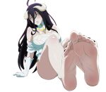  1girl ahoge albedo_(overlord) arm_support barefoot black_hair black_nails blush breasts commentary detached_collar eyelashes feet foreshortening gloves gradient_hair hair_between_eyes horns knees_up large_breasts legs legs_together long_hair multicolored_hair nail_polish no_pants overlord_(maruyama) panties purple_hair shirt simple_background sitting slit_pupils soles solo strapless toenail_polish toenails toes underwear white_background white_gloves white_horns white_panties white_shirt yellow_eyes zorzero 