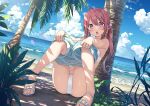  1girl ass bikini blue_sky character_request cloud cloudy_sky copyright_request day dutch_angle feet full_body hair_ornament head_tilt highres kantoku knees_up leaning_back legs long_hair looking_at_viewer on_ground outdoors palm_tree purple_eyes red_hair sandals sitting sky solo swimsuit thighs toenails toes tree twintails white_bikini 