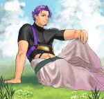  1boy black_shirt cropped_shirt duryodhana_(fate) facial_hair fate/grand_order fate_(series) fusso_oekaki goatee goatee_stubble highres indian_clothes looking_at_viewer male_focus mature_male on_grass outdoors purple_eyes purple_hair shirt short_hair sitting smile solo 