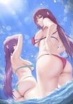  2girls absurdres aqua_bikini arms_up ass back bikini blue_sky breasts fate/grand_order fate_(series) highres large_breasts long_hair looking_at_viewer looking_back looking_down multiple_girls nmi purple_bikini purple_hair red_eyes scathach_(fate) scathach_(swimsuit_assassin)_(fate) scathach_skadi_(swimsuit_ruler)_(fate) sideboob sky swimsuit thighs very_long_hair wading water wet 