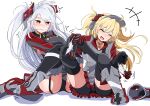  2girls admiral_hipper_(azur_lane) azur_lane bike_shorts bike_shorts_under_skirt black_panties black_shorts black_thighhighs blonde_hair blush buttons closed_eyes commission double-breasted feathers garter_straps grey_hair long_hair long_sleeves multiple_girls open_mouth orange_eyes panties pixiv_commission prinz_eugen_(azur_lane) shoes shoes_removed short_shorts shorts shorts_under_skirt simple_background sitting smile solo spread_legs thighhighs tickling toro_yurei two_side_up underwear white_background 