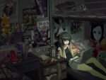  1girl akazutsumi_momoko akemi_homura bag_of_chips bed black_eyes black_hair black_shirt boogiepop boogiepop_(character) bunk_bed can commentary computer copyright_request desk detroit_metal_city drink eating energy_drink evanescence feet_out_of_frame figure goutokuji_miyako headphones higurashi_no_naku_koro_ni hyper_blossom indoors k-on! kaname_madoka keroro keroro_gunsou lamp laptop litchi_hikari_club little_busters! loaded_interior long_hair m40u mahou_shoujo_madoka_magica matsubara_kaoru mewtwo monster_energy my_melody nichijou on_bed onegai_my_melody original otaku_room pokemon poster_(object) powered_buttercup powerpuff_girls_z professor_shinonome reclining rolling_bubbles ryuuguu_rena sakamoto_(nichijou) sanrio saya_no_uta shirt shorts solo tokido_saya torchic unworn_socks zou_(onegai_my_melody) 