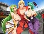  1boy 2girls bat_wings between_breasts blonde_hair blush breasts breasts_out demon demon_girl flirting grabbing grabbing_another&#039;s_breast green_eyes green_hair jewelry ken_masters kid_icarus large_breasts morrigan_aensland multiple_girls non-web_source palutena pantyhose seduce_(eroge) street_fighter super_smash_bros. vampire_(game) wings 