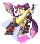  1girl absurdres black_footwear bow-shaped_hair callie_(splatoon) commentary_request food food_on_head highres holding holding_weapon long_hair mole mole_under_eye object_on_head octobrush_(splatoon) open_mouth orange_eyes pink_hair shoes solo splatoon_(series) star-shaped_pupils star_(symbol) sushi symbol-shaped_pupils teeth user_aaww2288 weapon white_background 