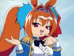  1990s_(style) 1girl antenna_hair blue_background blue_bow blue_bowtie blue_jacket bow bowtie breasts brown_hair byackopath_(artist) center_frills chromatic_aberration commentary_request daiwa_scarlet_(umamusume) di_gi_charat epaulettes frilled_shirt frills hair_between_eyes hair_intakes jacket koge_donbo_(style) large_breasts long_hair looking_at_viewer medium_bangs ojou-sama_pose open_mouth parody red_eyes retro_artstyle shirt smile solo style_parody tiara twintails umamusume upper_body very_long_hair white_shirt 