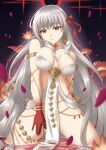  1girl armlet bare_shoulders belly_chain blush body_markings bracelet breasts cleavage collarbone colored_skin durga_(fate) earrings facial_mark fate/grand_order fate_(series) flower gradient_skin grey_hair hair_ribbon highres jewelry large_breasts long_hair looking_at_viewer pelvic_curtain petals red_eyes red_skin revealing_clothes ribbon sano_souichi sash snake solo thighs thumb_ring very_long_hair wading water 