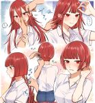  ! 1girl adjusting_hair alternate_hair_length alternate_hairstyle blue_skirt blunt_bangs blush breasts collared_shirt commentary_request cordelia_(fire_emblem) cutting_hair disembodied_limb fire_emblem fire_emblem_awakening furrowed_brow hairdressing highres holding holding_another&#039;s_hair holding_another&#039;s_wrist holding_scissors kyoi_hey long_hair looking_at_viewer medium_breasts multiple_views red_eyes red_hair scissors severed_hair shirt short_hair short_sleeves skirt spoken_exclamation_mark upper_body white_shirt 
