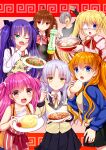  1boy 5girls :d :o ahoge air_(visual_novel) akausagi angel_beats! animal_print apron aqua_eyes arm_up baozi bare_arms black_jacket black_shirt black_skirt blonde_hair blue_eyes blue_jacket blue_ribbon blush bottle bow brown_eyes brown_hair cat_print center_frills commentary_request company_connection cowboy_shot crossover curry dress eyelashes eyepatch eyes_visible_through_hair fang female_child food fried_rice frilled_ribbon frilled_sleeves frills frown grey_eyes grey_hair hair_between_eyes hair_over_one_eye hair_ribbon hand_up happy highres holding holding_bottle holding_food holding_spoon holding_tray jacket juliet_sleeves kanon katou_umi kazamatsuri_institute_high_school_uniform key_(company) kunisaki_yukito little_busters! long_hair long_sleeves looking_at_viewer mapo_tofu meandros miniskirt multiple_crossover multiple_girls nakatsu_shizuru natsume_rin noodles ojou-sama_pose one_eye_closed one_eye_covered open_mouth orange_hair parted_bangs pink_bow pink_dress pleated_skirt ponytail puffy_sleeves purple_hair ramen red_apron red_background red_ribbon rewrite ribbon sasasegawa_sasami sawatari_makoto school_uniform shirt short_hair sidelocks simple_background skirt smile spiked_hair spoon standing steam straight_hair summer_pockets tachibana_kanade tea tray twintails two_side_up very_long_hair white_hair white_shirt wide_sleeves yellow_eyes yellow_jacket 