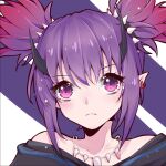  1girl arknights black_horns black_shirt closed_mouth collarbone earrings eyelashes frown horns jewelry lava_(arknights) looking_at_viewer necklace pointy_ears portrait purple_eyes purple_hair shirt spikes twintails varinr 