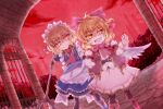 2girls apron blonde_hair evil_grin evil_smile gengetsu_(touhou) grin highres mace maid_apron maid_headdress mugetsu_(touhou) multiple_girls neck red_sky short_hair siblings sisters sky smile sore_(whirlwind) touhou touhou_(pc-98) twins weapon wings yellow_eyes 
