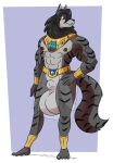  a-side abs anthro balls big_balls black_hair canid canine canis clothing egyptian_clothing felid genitals hair hi_res huge_balls hybrid hyper hyper_balls hyper_genitalia male mammal pantherine purple_eyes solo stripes tiger wolf wolfger 