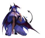  1girl absurdres bat_wings black_choker blue_hair breasts bridal_gauntlets choker cleavage demon_girl demon_tail fur-trimmed_leotard fur_trim guiguz head_wings highres hose kneeling leotard long_hair low_wings morrigan_aensland multicolored_hair off_shoulder pantyhose purple_pantyhose purple_wings simple_background streaked_hair tail vampire_(game) white_background wings 