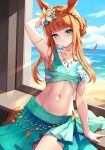  1girl absurdres animal_ears arm_support beach bikini bloody0rabby blue_bikini blue_eyes blue_sky braid closed_mouth cloud commentary_request groin hair_bun highres horizon horse_ears horse_girl horse_tail indoors long_hair navel ocean orange_hair sand silence_suzuka_(emerald_on_the_waves)_(umamusume) silence_suzuka_(umamusume) sky smile solo swimsuit tail umamusume water window 