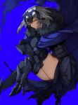  1girl armor armored_boots armored_dress black_dress black_thighhighs blue_background boots cape closed_mouth commentary dress fate/samurai_remnant fate_(series) fur-trimmed_cape fur_trim gauntlets grey_hair half-closed_eyes headpiece highres jeanne_d&#039;arc_alter_(fate) kashia plackart purple_cape short_hair simple_background solo thighhighs thighs torn_cape torn_clothes yellow_eyes 