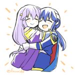  1boy 1girl blue_hair brother_and_sister cape circlet closed_eyes dress fire_emblem fire_emblem:_genealogy_of_the_holy_war headband holding hug julia_(fire_emblem) long_hair open_mouth ponytail purple_hair seliph_(fire_emblem) siblings simple_background smile white_headband yukia_(firstaid0) 