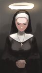  1girl absurdres blue_eyes cross cross_necklace habit halo highres jewelry looking_at_viewer necklace nun original own_hands_together potatomochii solo traditional_nun veil 