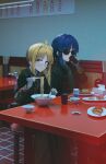  2girls black_footwear black_jacket blonde_hair blue_hair bocchi_the_rock! chinese_spoon chopsticks drinking food glasses green_shirt highres holding holding_chopsticks jacket kita_ikuyo looking_at_viewer multiple_girls noodles orange_eyes photo_background ramen restaurant seikatsu shirt sunglasses yamada_ryo 