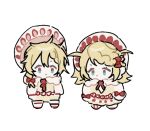  0211nami 1boy 1girl belt blonde_hair blue_eyes bow bowtie braid chibi coat kagamine_len kagamine_rin necktie red_belt red_bow red_bowtie red_necktie simple_background strawberry_hat_ornament sweater_vest vocaloid white_background white_headwear winter_clothes winter_coat yellow_sweater_vest 