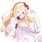  1girl blonde_hair brown_eyes commentary_request drill_locks eromanga_sensei hairband holding holding_microphone kanzaki_hiro long_hair microphone official_art one_eye_closed open_mouth pointy_ears red_hairband shirt smile solo t-shirt translation_request v yamada_elf 