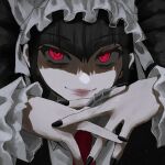  1girl black_hair black_jacket black_nails blunt_bangs celestia_ludenberg closed_mouth collared_shirt danganronpa:_trigger_happy_havoc danganronpa_(series) drill_hair grey_shirt hands_up headdress jacket joh_pierrot long_hair long_sleeves looking_at_viewer nail_polish necktie portrait red_eyes red_necktie shirt signature smile solo twin_drills twintails 
