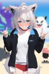  1girl ahoge alternate_costume animal_ears black_jacket blue_eyes blurry blurry_background blush buruma clenched_teeth double_fox_shadow_puppet fox_ears fox_girl fox_shadow_puppet fox_tail fubuzilla_(shirakami_fubuki) hair_between_eyes highres hololive jacket looking_at_viewer open_clothes open_jacket red_buruma red_shorts shirai_yu shirakami_fubuki short_hair shorts smile tail teeth virtual_youtuber white_hair 