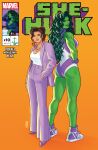  2girls absurdres artist_name brown_hair character_name colored_skin company_name copyright_name dual_persona english_text green_eyes green_hair green_skin hand_in_pocket highres jacket jen_bartel leotard logo long_hair looking_at_viewer marvel multiple_girls open_clothes open_jacket pants purple_jacket purple_pants she-hulk shirt shoes watermark white_shirt 